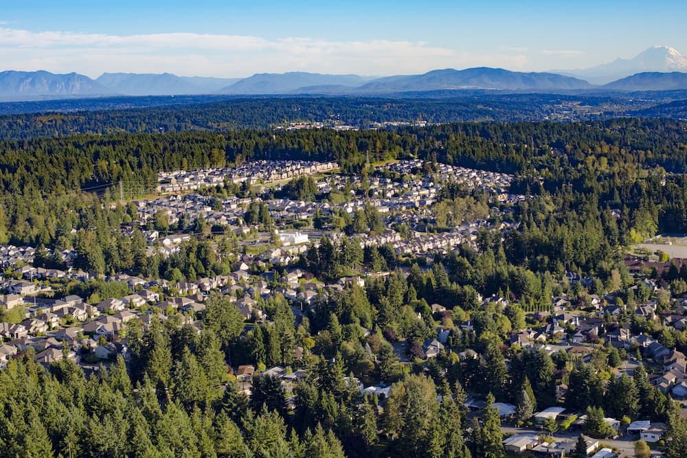 Bothell Mill Creek, Washington Suburban Forest Aerial - Mount Rainier and Cascade Mountains Backdrop